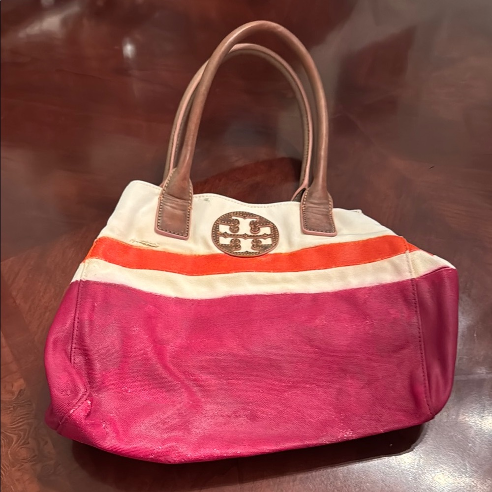 Tory Burch Pink and Orange Small Tote Bag with Slouchy Silhouette